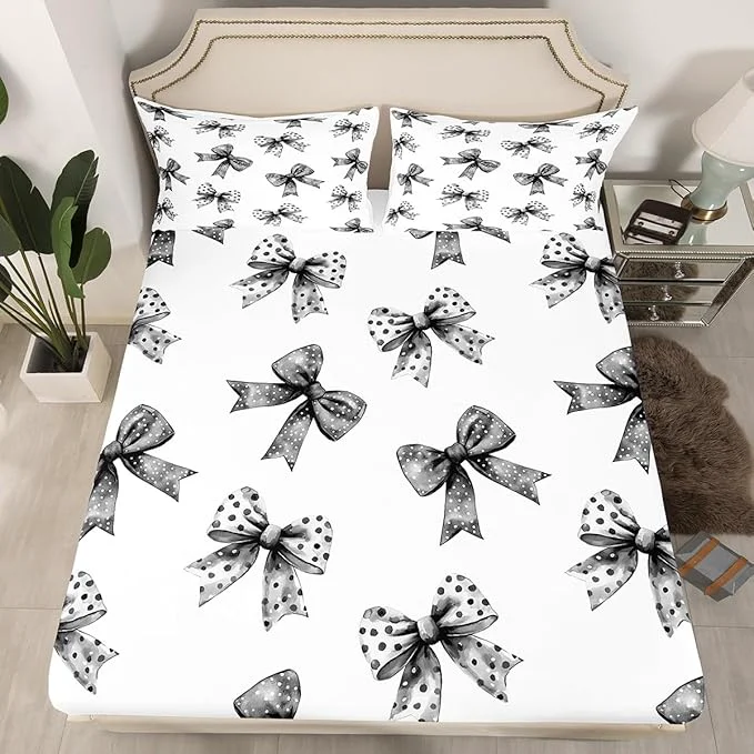 Sustainable Erosebridal Bow Sheets for Boys Girls Ribbon Black Bow Fitted Sheet Coquette Bowknot with Dots Kids Bedding Sets Dreamy Princess Bowtie Bed Sets Twin 2 Piece Eco-Friendly