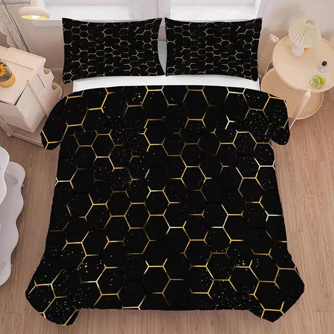 Casual Geometric Comforter Set Twin Size Black and Gold Honeycomb Bedding for Kids Girls Boys Bedroom Decor Quilt Bed Sets 1 Comforter 1 Pillowcase Easy-to-Use
