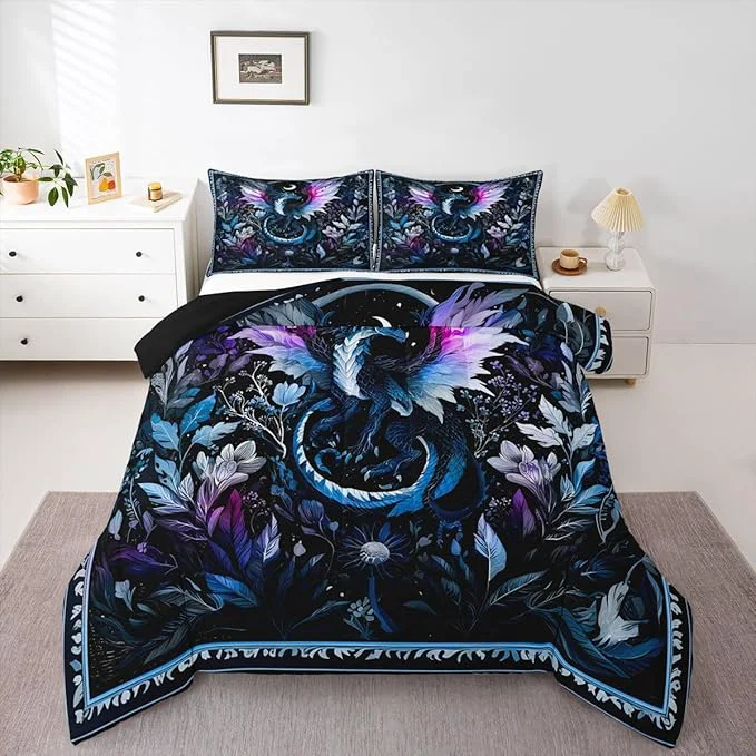 Certified Feelyou Dragon Bedding Set Soft for Boys Girls Wild Life Comforter Set Toddler Size Jungle Dragon Duvet Quilt Microfiber Wild Animal Bedroom Decor Dark Blue 2 Pcs with 1 Pillow Cases Minimalist