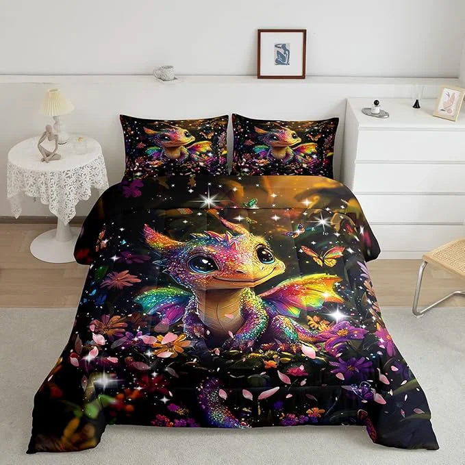 Smart Feelyou Dragon Comforter Set Twin Size Dragon Stuff Comforter for Boys Girls Teens Shiny Flower Bedding Set Dragon Decor Duvet Set Room Decor Carbon Black Quilt Set Professional