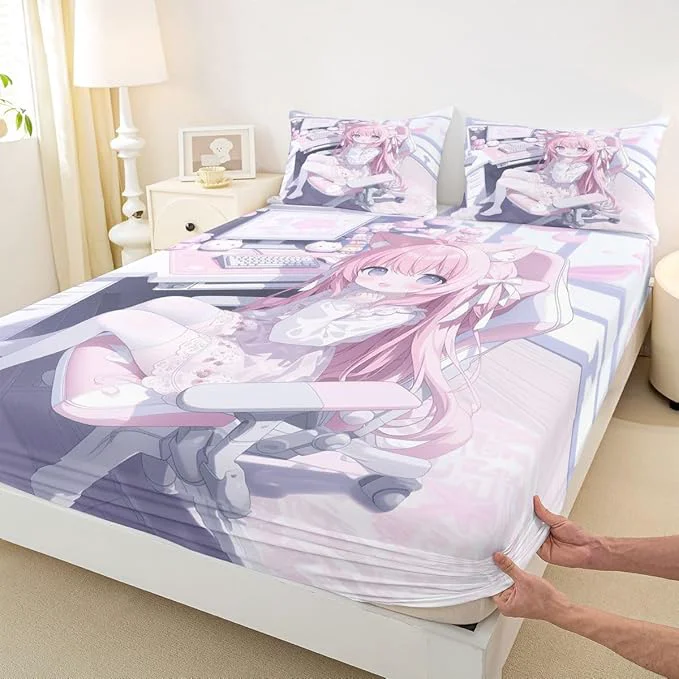 Verified Erosebridal Kawaii E-Sports Girl Fitted Sheet Queen 3D Japanese Girl Bed Sheets for Boys Girls Girly Gaming Bed Set Anime Gifts for Her Sheets with 2 Pillowcases User-Friendly