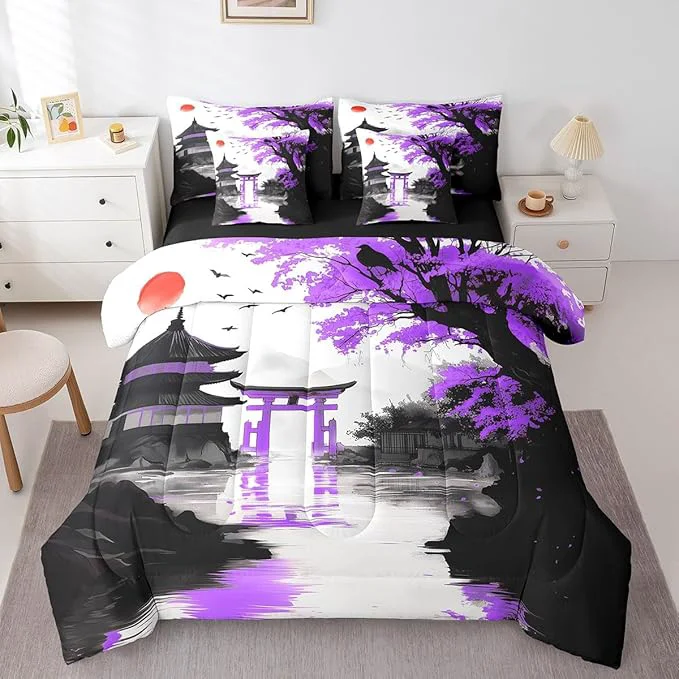 Elegant 7 Piece Japanese Bedding Set With Sheets Twin Sun Cherry Blossom Comforter Set Watercolor Black Purple Mountain Sakura Floral Bed In A Bag For Girls Adults Women Asian Chinese Ink Anime Bed Set Pure