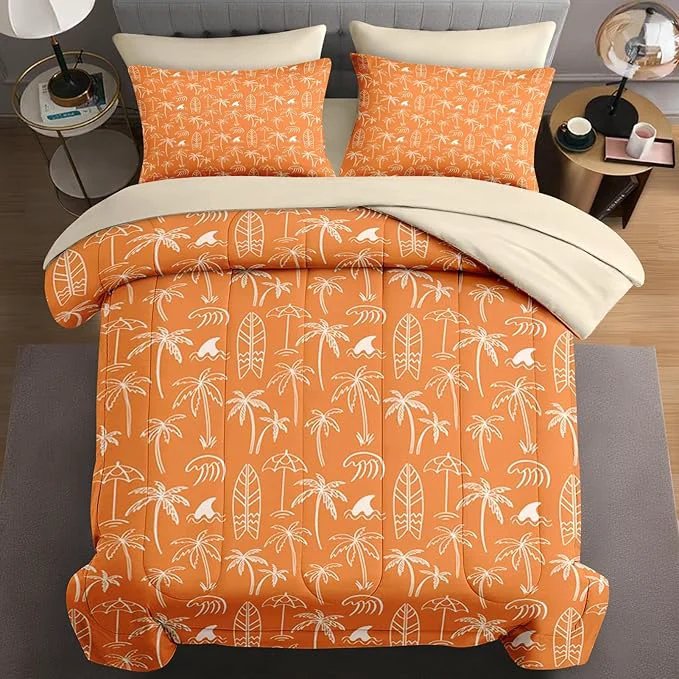 Long-Lasting 7 Pcs Queen Size Comforter Set with 2 Pillowcases amp 2 Shams Boho Palm Tree Beach Bedding for Kids and Adults Summer Hawaiian Tropical Leaf Bed in a Bag with Flat Fitted Sheet Easy-to-Use