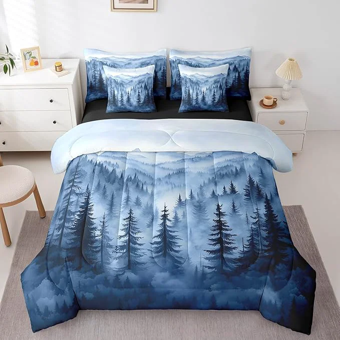 Top-Quality Erosebridal Boys Blue Forest Queen Comforter Set with Sheets 7 Piece Rustic Woodland Pine Tree Bedding Set Jungle Smoky Mountain Bed in A Bag for Kids Adults Men Retro Natural Landscape Bed Set Stylish