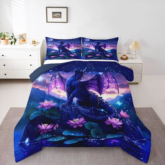 Classic Feelyou Dragon Kids Comforter Set Full Size Dragon Stuff Bedding Set Wild Life Duvet Quilt for Kids Boys Girls Bedroom Wildlife Decor Purplish Microfiber Ultra Soft Breathable Smooth