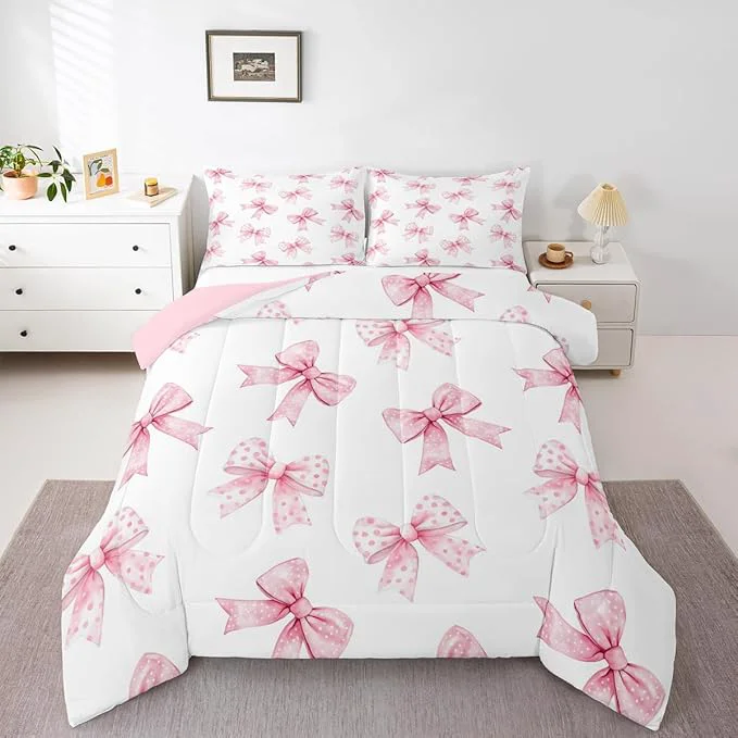 Advanced Erosebridal Pink Bow Kids Bedding Coquette Bowknot Queen Comforter Sets Princess Girls Ribbon Bowtie Comforter Watercolor Cute Duvet Insert with 2 Pillow Cases Easy-to-Use