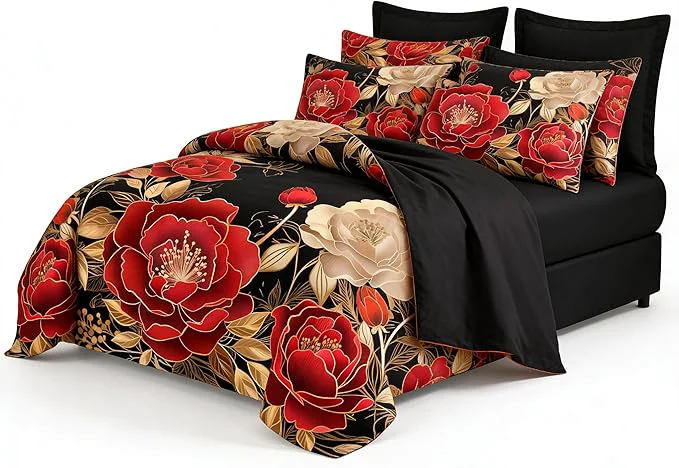 Pure Vintage Floral Twin Size Bed in A Bag for Girls 7Pcs Modern Black Red Comforter Set Farmhouse Country Botanical Quilted Bedding with 2 Pillowcases 68 quot x86 quot Crafted