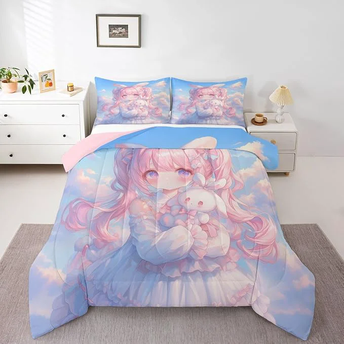Innovative Erosebridal Kawaii Girl Bedding King 3D Anime Gifts Comforter Set Japanese Girl with Curly Hair Bed Sets Romance Style Duvet Insert 3 Pieces Consistent