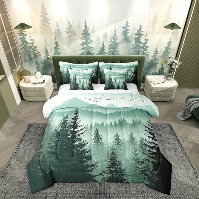 Specialty Erosebridal Olive Green Twin Comforter Set with Sheets 7 Piece Mountain Pine Tree Forest Bed in A Bag Rustic Woodland Nature Landscape Bedding Sets for Kids Adults Soft Lightweight Bed Set Genuine