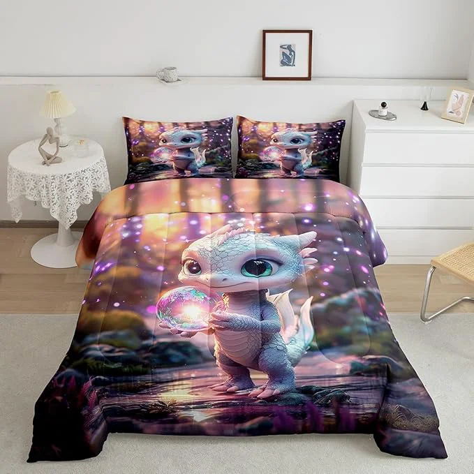 Trendy Feelyou Dragon Comforter Set Twin Size Cute Comforter for Boys Girls Teens Wild Life Bedding Set Dragon Decor Duvet Set Room Decor Pink Purple Quilt Set Lightweight