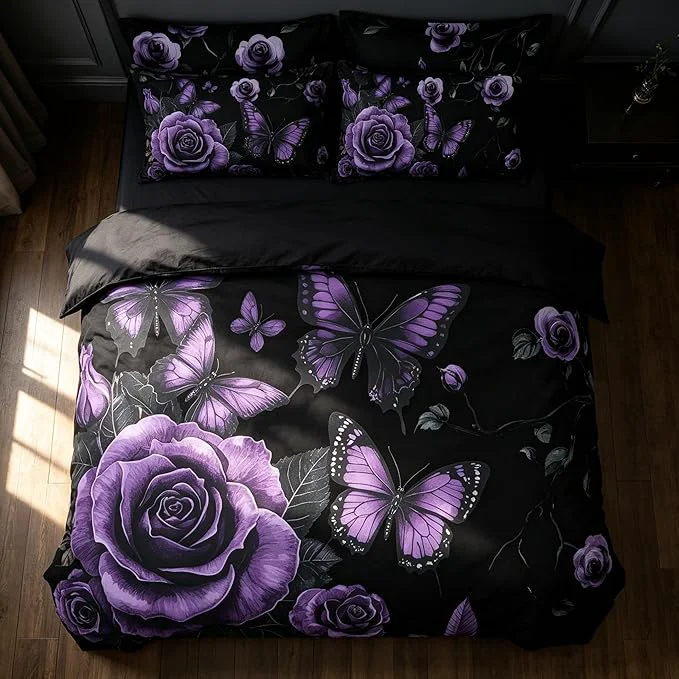 Modern Vintage Floral Comforter Set Queen Size Black Black Red Floral Bedding Set for Gothic Bedroom Decor 3 Pieces Soft Microfiber Lightweight Comforter Set with 2 Pillowcases 90 quot x90 quot Stylish