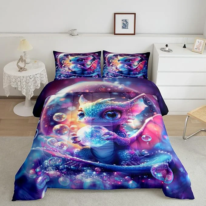 Lightweight Feelyou Dragon Comforter Set Queen Size Kawaii Comforter for Boys Girls Teens Wild Life Bedding Set Dragon Decor Duvet Set Room Decor Purple Blue Quilt Set Prestigious