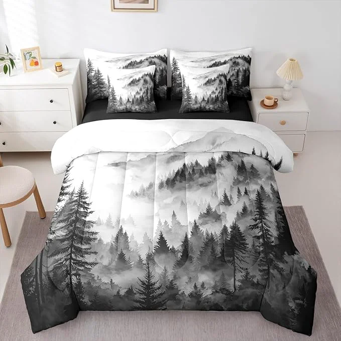 Solid Erosebridal Black Gray Misty Forest King Comforter Set with Sheets 7 Piece Grey White Foggy Mountain Bed in A Bag Rustic Woodland Pine Trees Bedding Sets for Kids Adults Watercolor Nature Bed Set Healthy