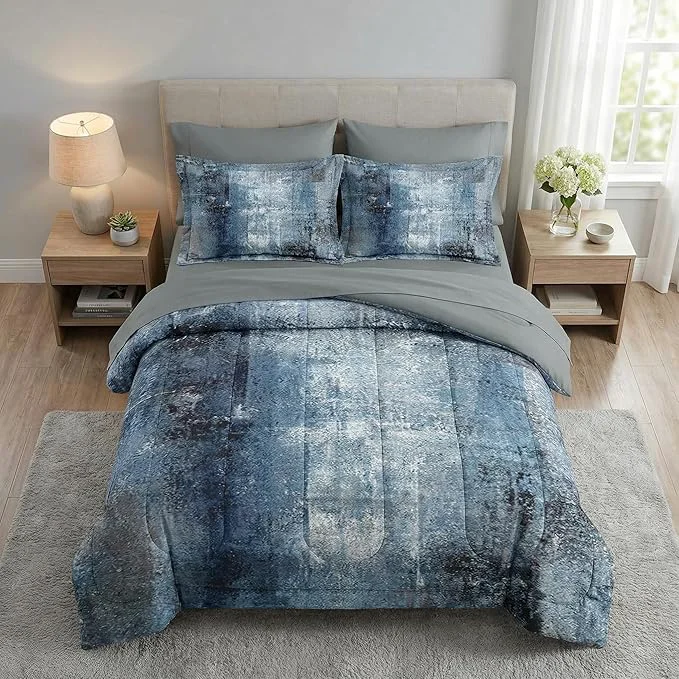 Smooth 7 Pcs Queen Size Comforter Set with 2 Pillowcases amp 2 Shams Navy Indigo Blue Bedding for Kids and Adults Contemporary Abstract Gray Bed in a Bag with Flat Fitted Sheet High-End