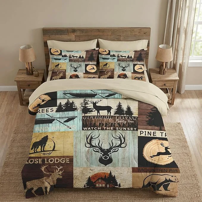 Green 7 Pcs King Size Comforter Set with 2 Pillowcases amp 2 Shams Pine Animal Hunting Deer Bedding for Kids and Adults Bear Wolf Tree Woodboard Bed in a Bag with Flat Fitted Sheet Lightweight