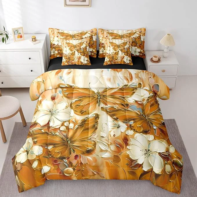 Prestigious Erosebridal Floral Butterfly King Bed in A Bag 7 Piece White Flowers Oil Painting Boho Comforter Set Retro Aesthetics Orange Butterfly Bedding Set for Girls Teen Women Bohemian Animal Sheet Set Modern