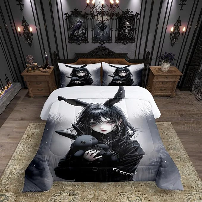 Contemporary Erosebridal Anime Gifts for Girls Japanese 3D Anime Bedding Set Queen Kawaii Japanese Bedding Girly Comforter Set Black Gothic Printed Down Comforter for Bedroom Decor with 2 Pillowcases Green