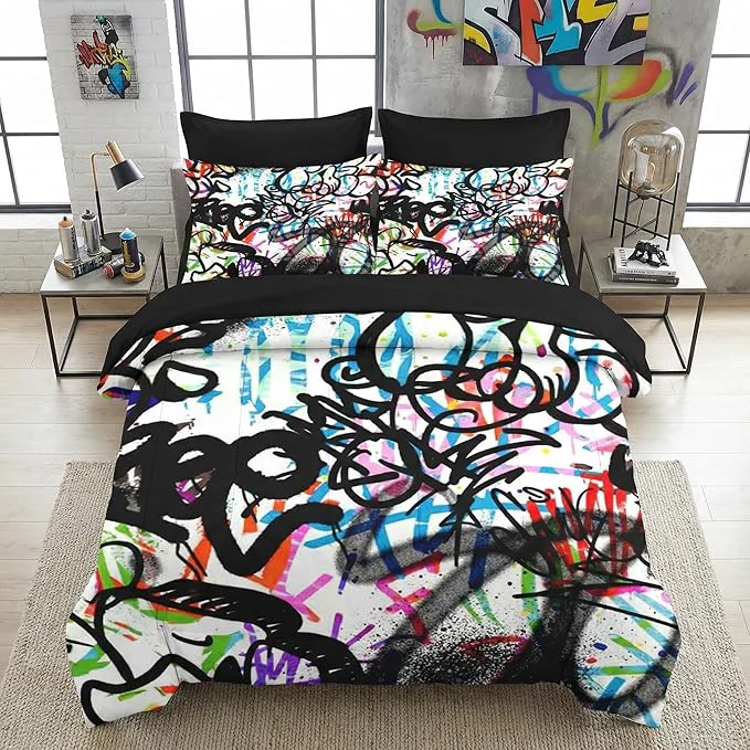 Consistent 7 Pcs King Size Comforter Set with 2 Pillowcases amp 2 Shams Urban Modern Fashion Bedding for Kids and Adults Abstract Graffiti Bed in a Bag with Flat Fitted Sheet Original