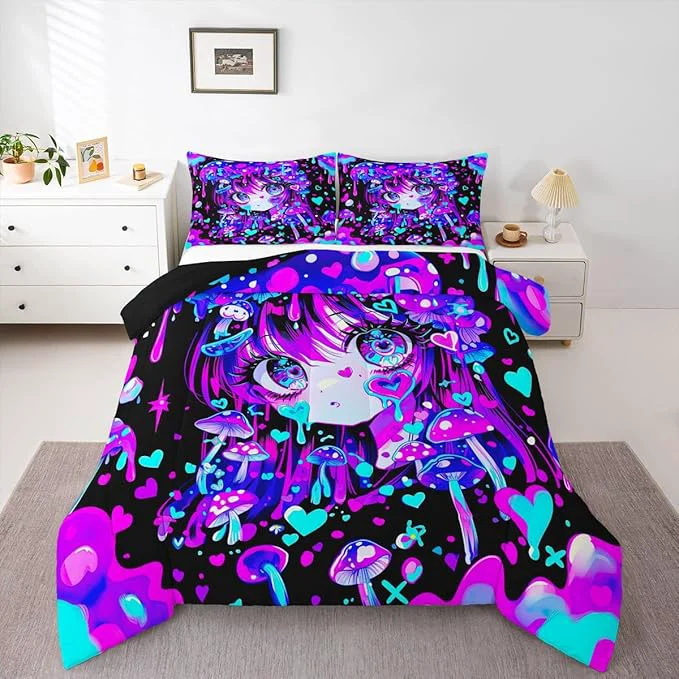 World-Class Erosebridal Japanese Girl Bedding King Cartoon Girly Comforter Set 3D Anime Gifts Bed Sets Colorful Graffiti Print Duvet Insert 3 Pieces Authentic