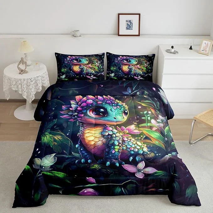 Classic Feelyou Dragon Comforter Set Toddler Size Dragon Stuff Comforter for Boys Girls Teens Wild Life Bedding Set Flower and Grass Duvet Set Room Decor Balck Green Quilt Set Smart