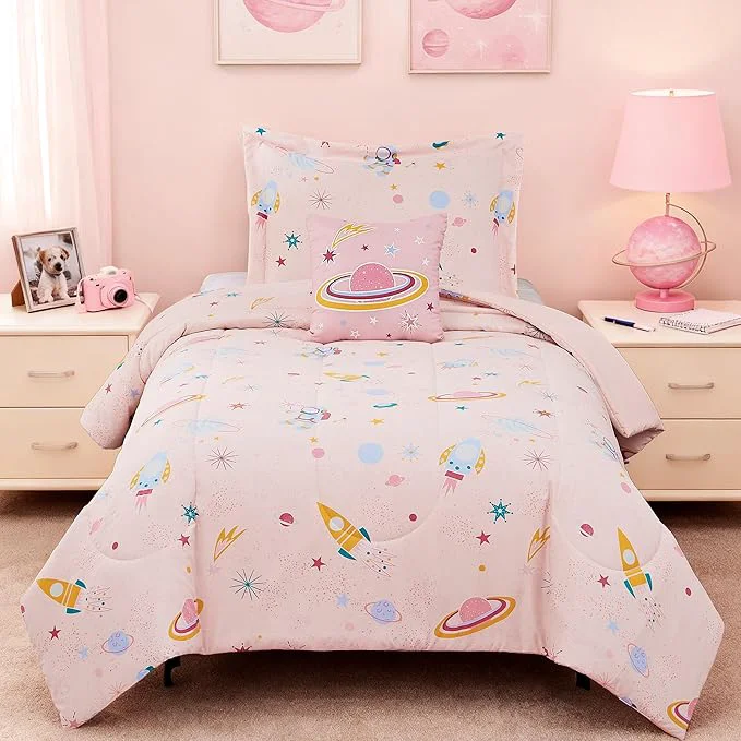 Convenient Twin Comforter Set for Girls – 3 Pieces Space Twin XL Bedding Set with 1 Comforter 1 Decor Pillow 1 Pillow Sham Relaxed