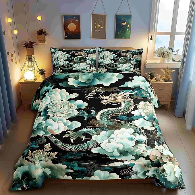 High-Quality Castle Fairy Chinese Loong Bedding Set for Boys Girls Dragon All Season Cozy Comforter Set Full Size Propitious Cloud Peony Flower Duvet Set Bedroom Decor Festival Gifts Genuine