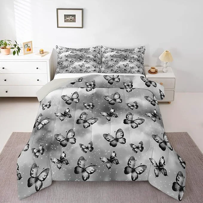 Expertly Made Erosebridal Butterfly Bedding Sets King – Dreamy Coquette Comforter Set for Kids Adults Watercolor Gradient Grey Butterfly Duvet Insert Galaxy Stars Print Quilt Elite