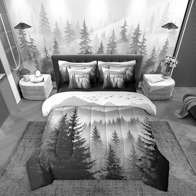 User-Friendly Erosebridal 7 Piece Black Grey Queen Comforter Set with Sheets Smoky Mountain Forest Bed in A Bag Rustic Woodland Pine Trees Bedding Sets for Kids Boys Adults Men Nature Landscape Bed Set Casual