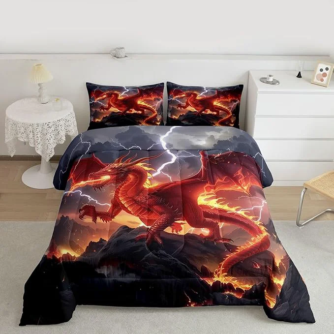 Fashionable Castle Fairy Dragon Kids Comforter Set Red Flame Bedding Set All Season Cool Wild Animals Comforter 2 Pcs with 1 Pillowcase Toddler Size Fine