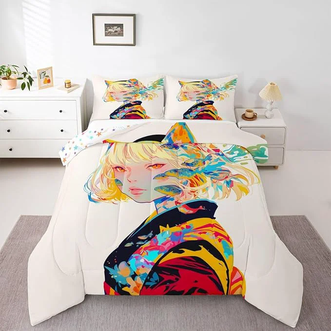 Healthy Japanese Anime Comforter Set 3D Cartoon Gifts Bedding for Girls Boys Kids Kawaii Room Decor Anime Girl Design Bedding Comforter Sets Soft Lightweight Duvet Insert King with 2 Pillow Cases Certified
