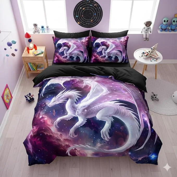 Stylish Kids Pink Dragon Comforter Set Full Size Castle Fairy Tale Bedding Set with Galaxy Outer Space Universe for Girls Teens 3 Pcs 3D Animals Quilt Set 79 quot x90 quot Smart