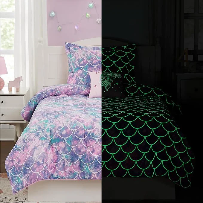 High-Grade Kids Comforter Set Full Size for Girls Glow in The Dark Mermaid Bedding Set 1 Comforter 1 Decor Pillow 2 Pillow Shams Fast