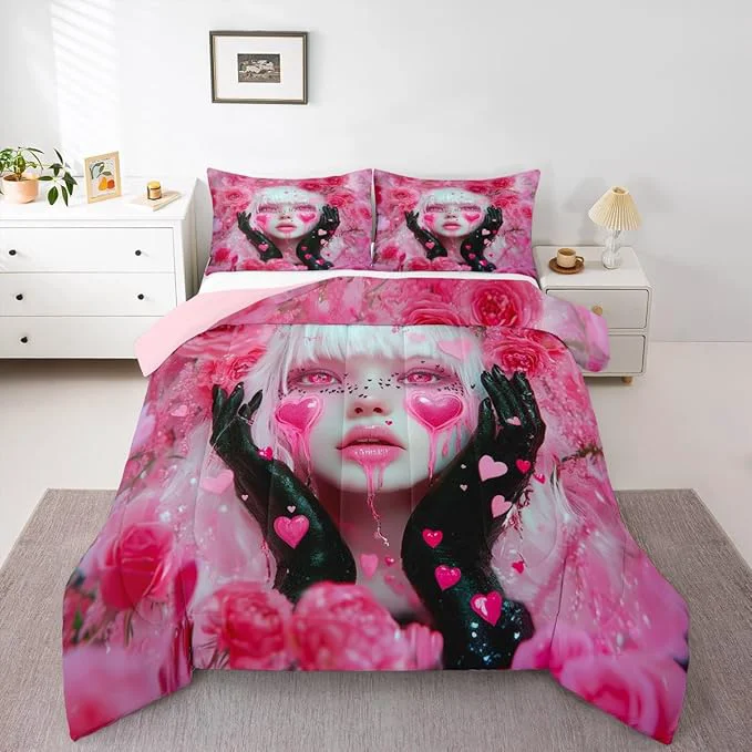 Sophisticated Erosebridal Anime Pink Bedding Kawaii Girl Kids Comforter Sets for Girls Romance Rose Modern Lady Bed Set Romantic Japanese Girl Down Comforter with Love Hearts Duvet Set Full with 2 Pillowcases Pure