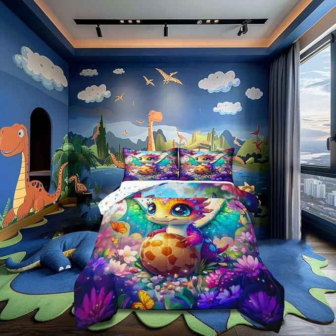 Efficient Cartoon Dragon Kids Comforter Set Baby Dragon Eggs Bedding Set All Season Watercolor Flowers Butterfly Comforter 2 Pcs with 1 Pillowcase Toddler Size Dependable