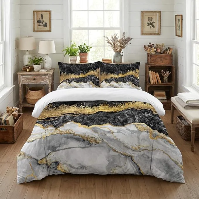 Original Design Black Grey Marble Comforter Queen Size Abstract Modern Bedding Set with Golden River Texture 3Pcs Soft Microfiber Quilted Comforter for All Seasons 2 Matching Pillowcases 90 quot x90 quot Artisan