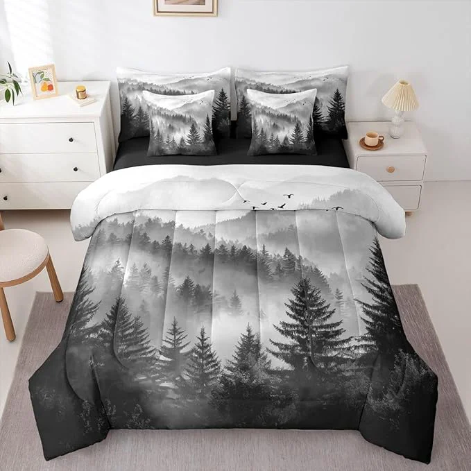 Functional Erosebridal Foggy Mountain Queen Comforter Set with Sheets 7 Piece Grey Forest Pine Tree Bed in A Bag Nature Misty Woodland Bedding Sets for Kids Adults Flying Bird Bed Set Certified