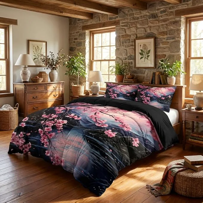 High-Grade Cherry Blossoms Bedding Set Queen Size Black Pink Japanese Comforter Set for Girls 3Pcs Soft Microfiber Quilted Set with 2 Pillowcases 90 quot x90 quot Comfortable