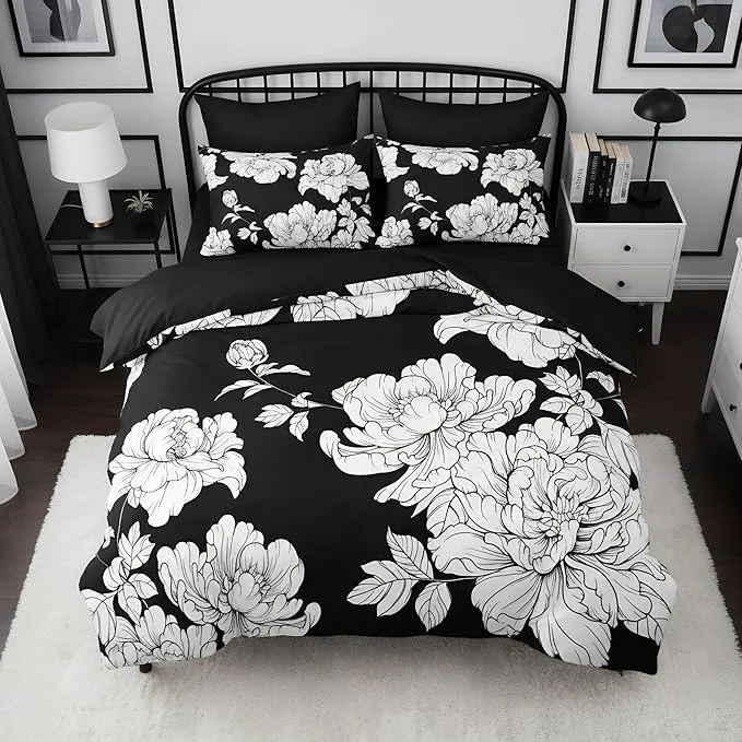 High-Grade Black Floral King Size Comforter Set 3 Pieces Vintage Farmhouse Botanical Bedding Set for Adult Women Soft Fluffy Microfiber Quilted Comforter with 2 Pillowcases 104 quot x90 quot Durable