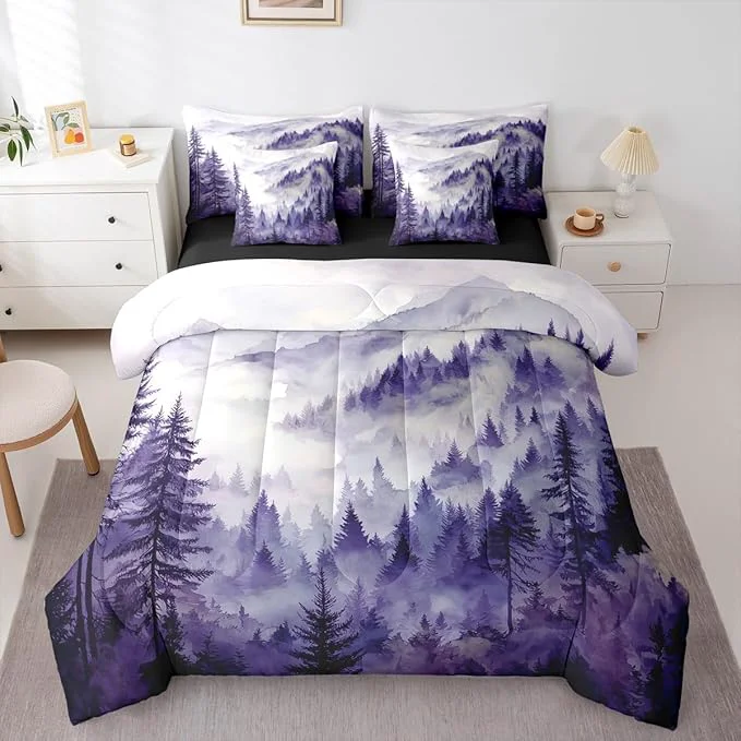 Trusted Erosebridal Purple Misty Forest King Bed in A Bag 7 Piece Mountain Foggy Woodland Comforter Set with Sheets Rustic Pine Tree Bedding Sets for Kids Adults Watercolor Nature Theme Bed Set Trendy