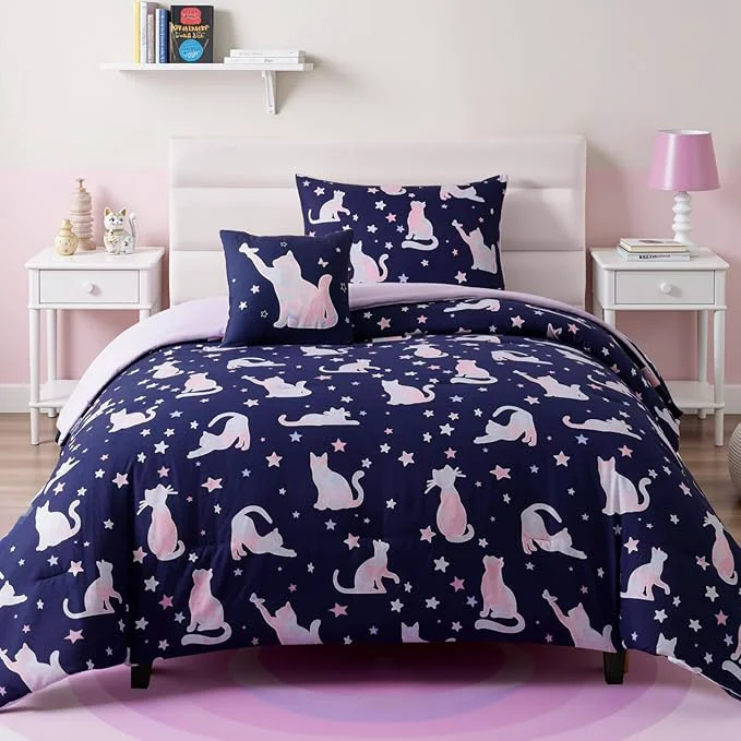 Relaxed Twin Comforter Set for Girls -3 Pieces Cute Cat Twin XL Bedding Set with 1 Comforter 1 Decor Pillow 1 Pillow Sham Pure