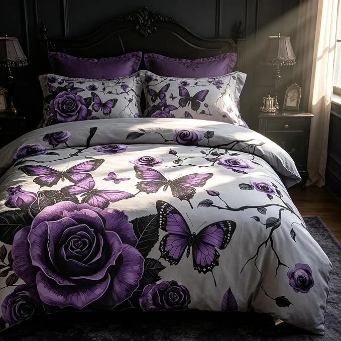 Premium Material Grey Vintage Floral Comforter Set King Size Purple Floral Bedding Set for Gothic Bedroom Decor 3 Pieces Soft Microfiber Lightweight Comforter Set with 2 Pillowcases 90 quot x104 quot Contemporary