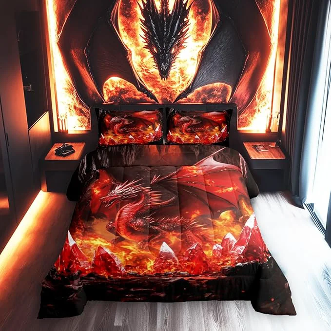 Enhanced Castle Fairy Dragon Comforter Set Toddler Size Glowing Flame Dragon Bedding Set for Kids Teens Bedroom Western Fierce Animals Down Comforter 2 Pcs 1 Pillowcase Clean