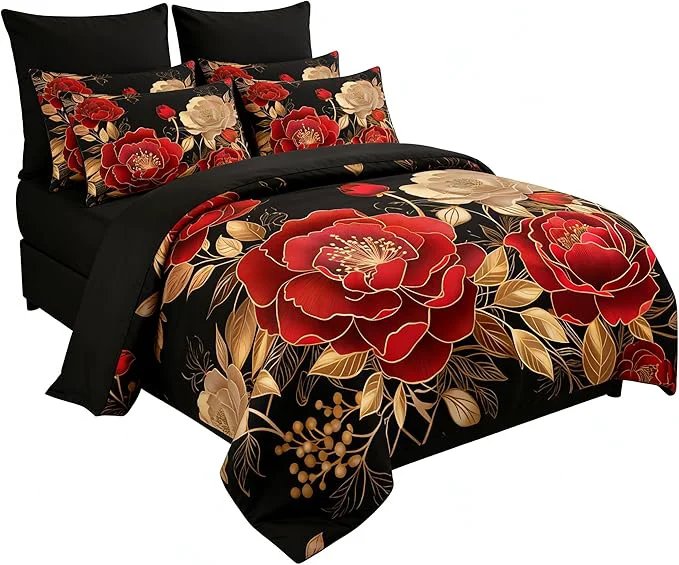 Smart Vintage Floral Full Size Bed in A Bag for Girls 7Pcs Modern Black Red Bedding Set Farmhouse Botanical Quilted Comforter with 2 Pillowcases 1 Flat Sheet 1 Fitted Sheet 2 Pillowshams Exceptional