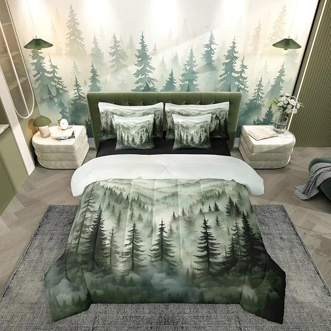 Top-Quality Erosebridal Smoky Mountain Bedding Set Twin Nature Forest Green Comforter Set 7 Piece Rustic Woodland Botanical Pine Tree Bed in A Bag for Kids Adults Natural Jungle Plants Sheet Set with Comforter Durable