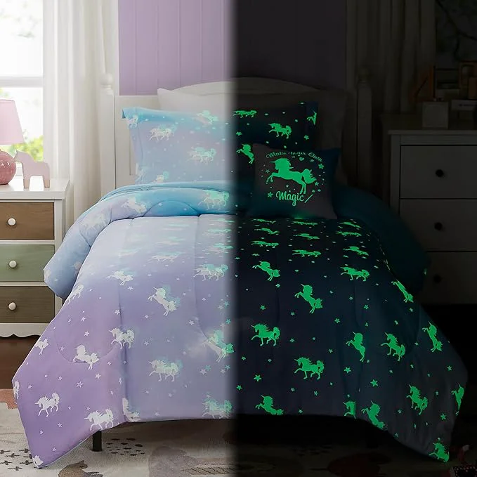 Dependable Kids Comforter Set Full Size for Girls Glow in The Dark Unicorn Bedding Set 1 Comforter 1 Decor Pillow 2 Pillow Shams Authentic