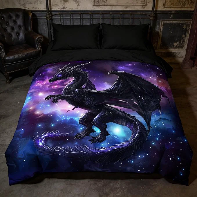 Selected Fantasy Dragon Bedding Set Purple Blue Nebula Comforter Set Full Size Mysterious Outer Space Bedding Set for Kids Boys Girls Teens Room Decor Safari Wildlife Animals Quilt Set Refined