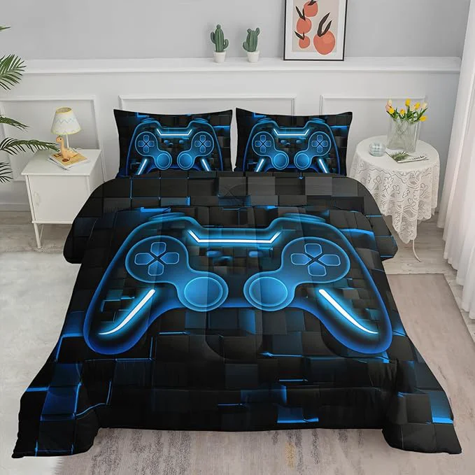 Clean Axolotl Gamepad Comforter Set Full Size Blue Grid Print Bedding Set Boys Gaming Console Comforter Set Modern Gaming controller Geometry Bedding Set for Adult Teens Men 1 Quilt 2 Pillowcases Blue Black Classic