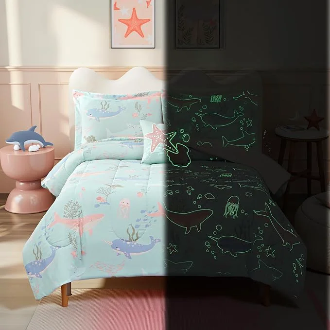 Fast Glow in The Dark Kids Comforter Set Full Size for Girls Ocean Animals Bedding Set 1 Comforter 1 Decor Pillow 2 Pillow Shams Long-Lasting