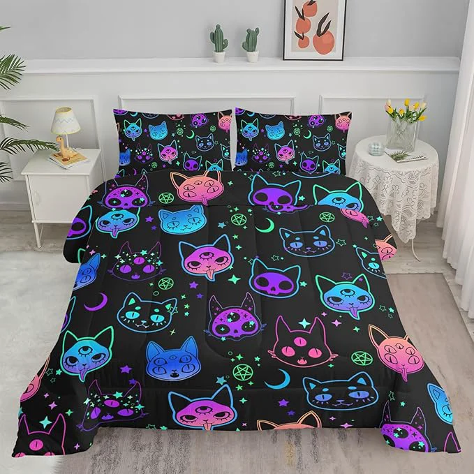 Environmentally Friendly Axolotl Cat Comforter Set Queen Kawaii Trippy Cat Moon Stars Bedding Set with 1 Comforter 2 Pillowcases for Kids Boys Girls Teens Adults Room Decor All Season Colorful Neon Trippy Bed Set Recyclable