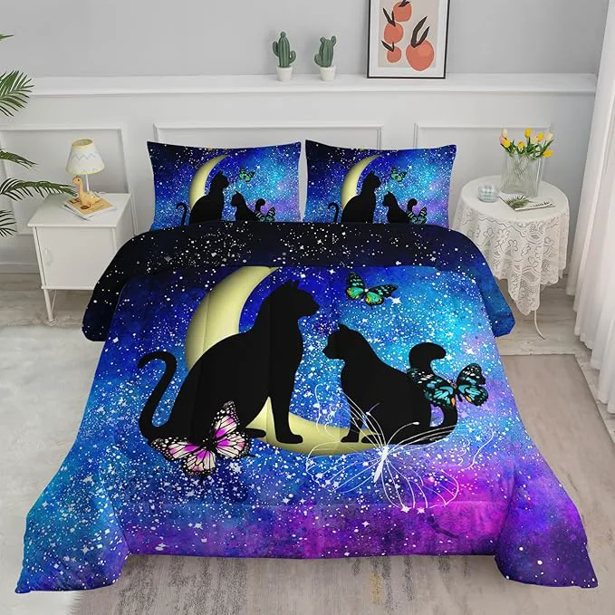 Classic Black Cat Bedding Cartoon Cat Comforter Set Full Butterflies Moon Printed Kids Bedding Set for Kids Boys Girls Adults Teens Kids Comforter Set All Season 1 Quilt 2 Pillow Cases Blue Detailed